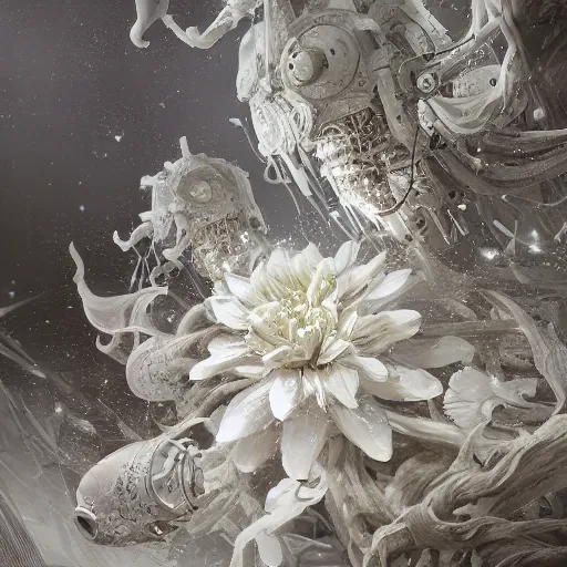 Image similar to intricate white bio - mechanical flowers, intricate environment, matte painting, cinematic, epic composition, highly detailed, atmospheric, wide angle, artstation trending