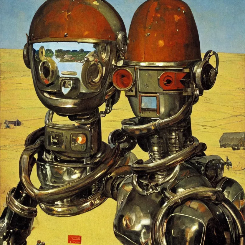 Image similar to portrait painting of a robot made of shiny reflective chrome, painted by norman rockwell. agricultural scene. pulp sci - fi art for omni magazine. high contrast. dark background. baroque period, oil on canvas. renaissance masterpiece. trending on artstation. retrofuturism.