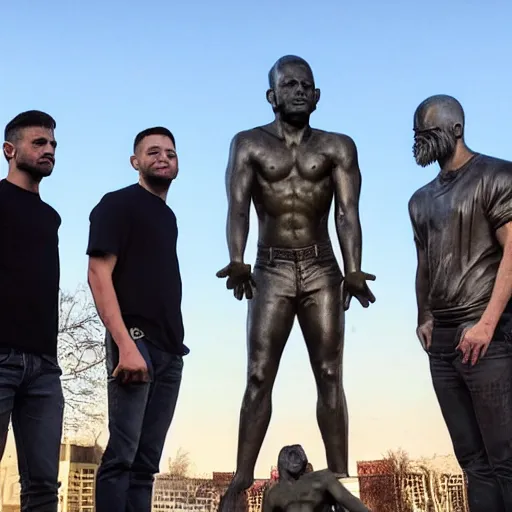 Prompt: group of young men worshipping giant statue of joe rogan and andrew tate in real life, 8 k, 4 k uhd, realistic, hyper realistic, super detailed, very detailed, detailed