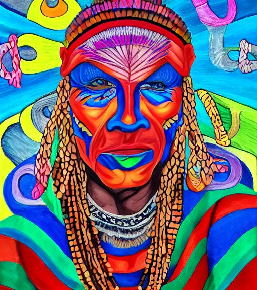 Image similar to Portrait painting in a style of Alex Grey of an old shaman dressed in a colorful traditional clothes.