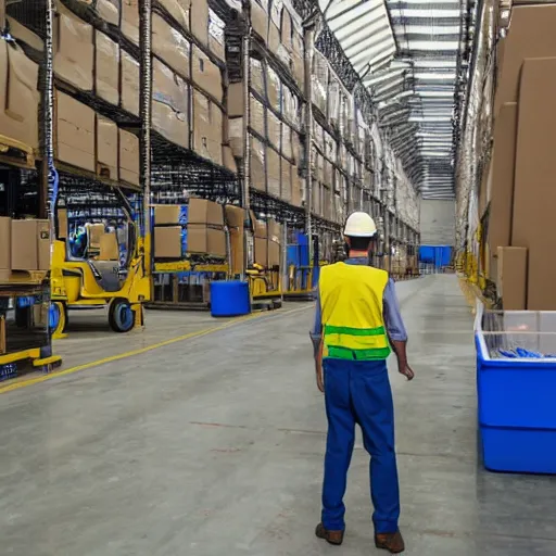 Prompt: a polaroid photo of man doing sort things into sort machines in sortation center warehouse, he's wearing blue cloth and construction hat,, photo from behind, highly details, perfect face shape, cinematic lighting,