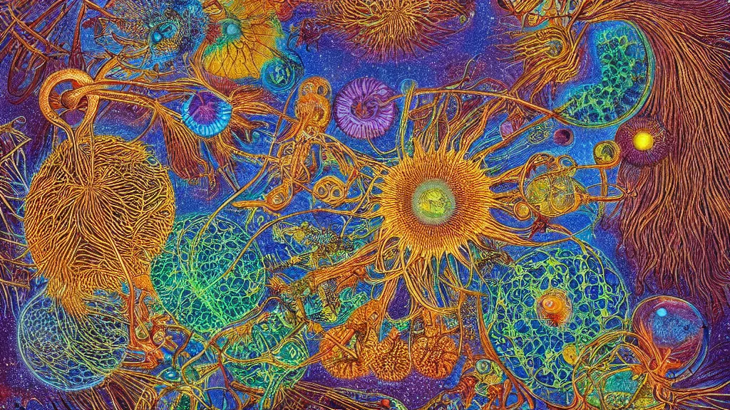 Image similar to quantum connections represented as symbiotic organisms like cells playing around with colorful lights by ernst haeckel, dark