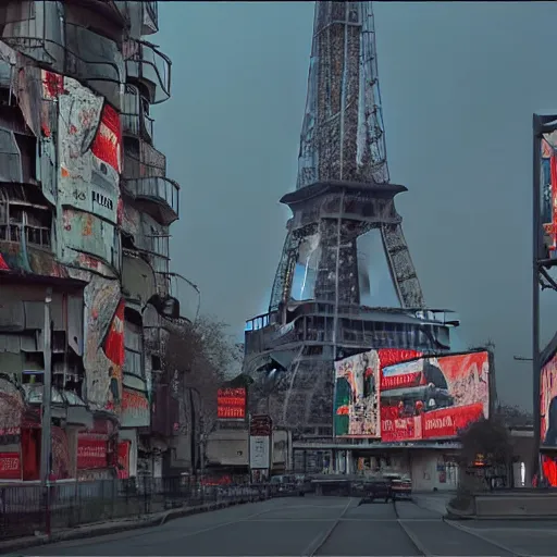 Prompt: A beautiful intricate 8K award-winning cinematic movie photograph of the future Eiffel Tower, devastated and decaying, completely covered in billboards. in the year 2043, by Bruno Delbonnel. Arri Alexa 65, IMAX 70mm footage