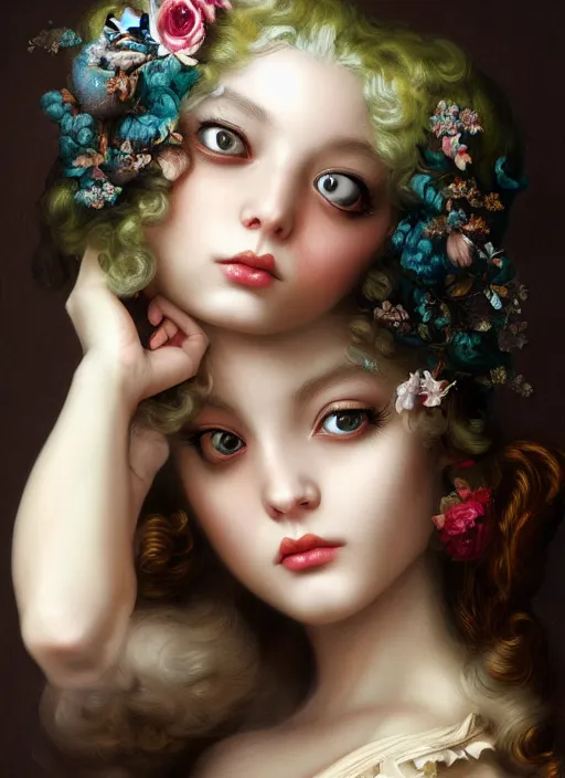 Prompt: pop surrealism, rococo, baroque hair, young female bird seductive - fine - face, pretty face, key visual, realistic shaded perfect face, fine details by stanley artgerm lau, wlop, mark ryden, trevor brown, andrei riabovitchev, marc simonetti, and sakimichan, trending on artstation