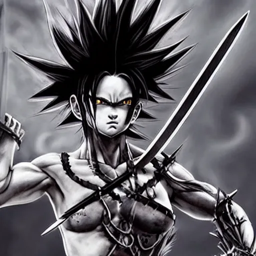 Image similar to realistic art style, warrior girl, muscular girl, wild spiky black saiyan hair, long spiky hair, electrified hair, holding scimitar made of bone, scimitar, sword, jagged sword, curved sword, orkish sword, colorized, gray skin, hyper - detailed, primeval fantasy, prehistoric fantasy, art by jacques - louis david