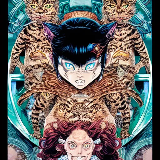 Prompt: portrait of crazy cat woman, symmetrical, by yoichi hatakenaka, masamune shirow, josan gonzales and dan mumford, ayami kojima, takato yamamoto, barclay shaw, karol bak, yukito kishiro