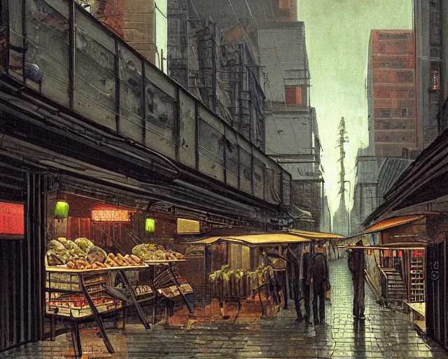 Image similar to street with food stands in a cyberpunk city on a rainy melancholy night by de chirico