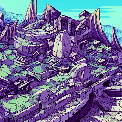 Prompt: futuristic ruins on a mountainside, colorful ruins, mega ruins, clouds on mountain, ruined buildings on mountainside, cel - shading, cel - shaded, 2 0 0 1 anime, bright sunshine