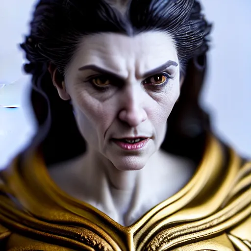 Image similar to photo taken of an epic intricate, ultra detailed, super realistic bust of a majestic gracious regal aristocratic brunette female vampire created by weta workshop, menacing, some zoomed in shots, photorealistic, sharp focus, white wall, extremely cold blueish colour temperature, 3 5 mm, f 1. 4, golden ratio