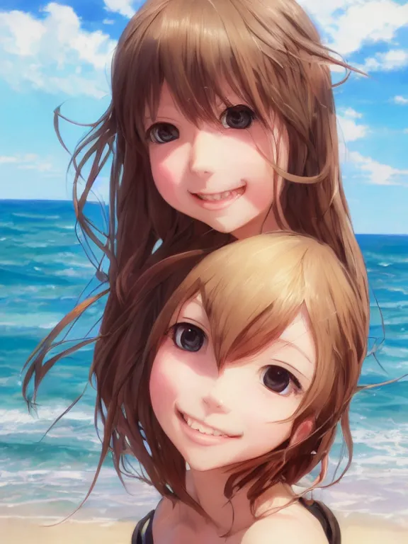 Image similar to A portrait of a smiling anime girl on the beach near the ocean, young child, medium shot, whole head, trending on artstation, by Stanley Artgerm Lau, WLOP, Rossdraws, James Jean, Andrei Riabovitchev, Marc Simonetti, and Sakimi chan, anime portrait, official anime artwork
