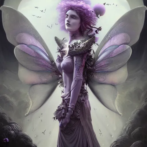 Prompt: tom bagshaw, soft painting fractal curiosities fairy carnival, single beautiful huge wings in full nightshade gothic armor, accurate features, focus, very intricate ultrafine details, black white purple volumetric clouds, award winning masterpiece, octane render 8 k hd