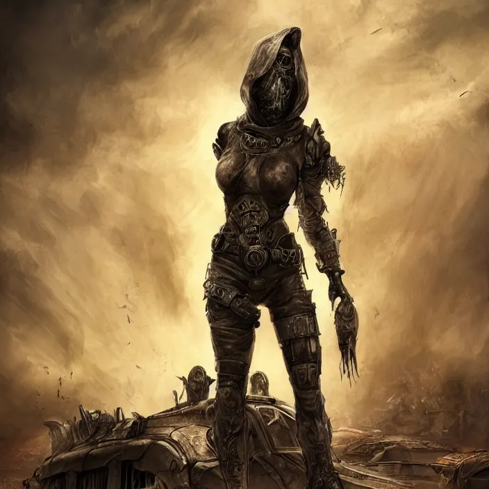 Image similar to beautiful apocalyptic woman in hooded cloak, standing on mad max panzer tank, hyper-detailed, smooth, sharp focus, 4k ultra hd, fantasy dark art, tank girl, artgerm, artstation, octane render, elegant, detailed digital painting, apocalyptic art, Francis bacon, gears of war, unreal engine