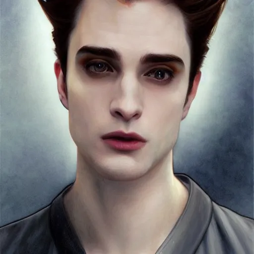 Prompt: edward cullen from twilight, diffuse lighting, fantasy, intricate, elegant, highly detailed, lifelike, photorealistic, digital painting, artstation, illustration, concept art, smooth, sharp focus, art by john collier and albert aublet and krenz cushart and artem demura and alphonse mucha