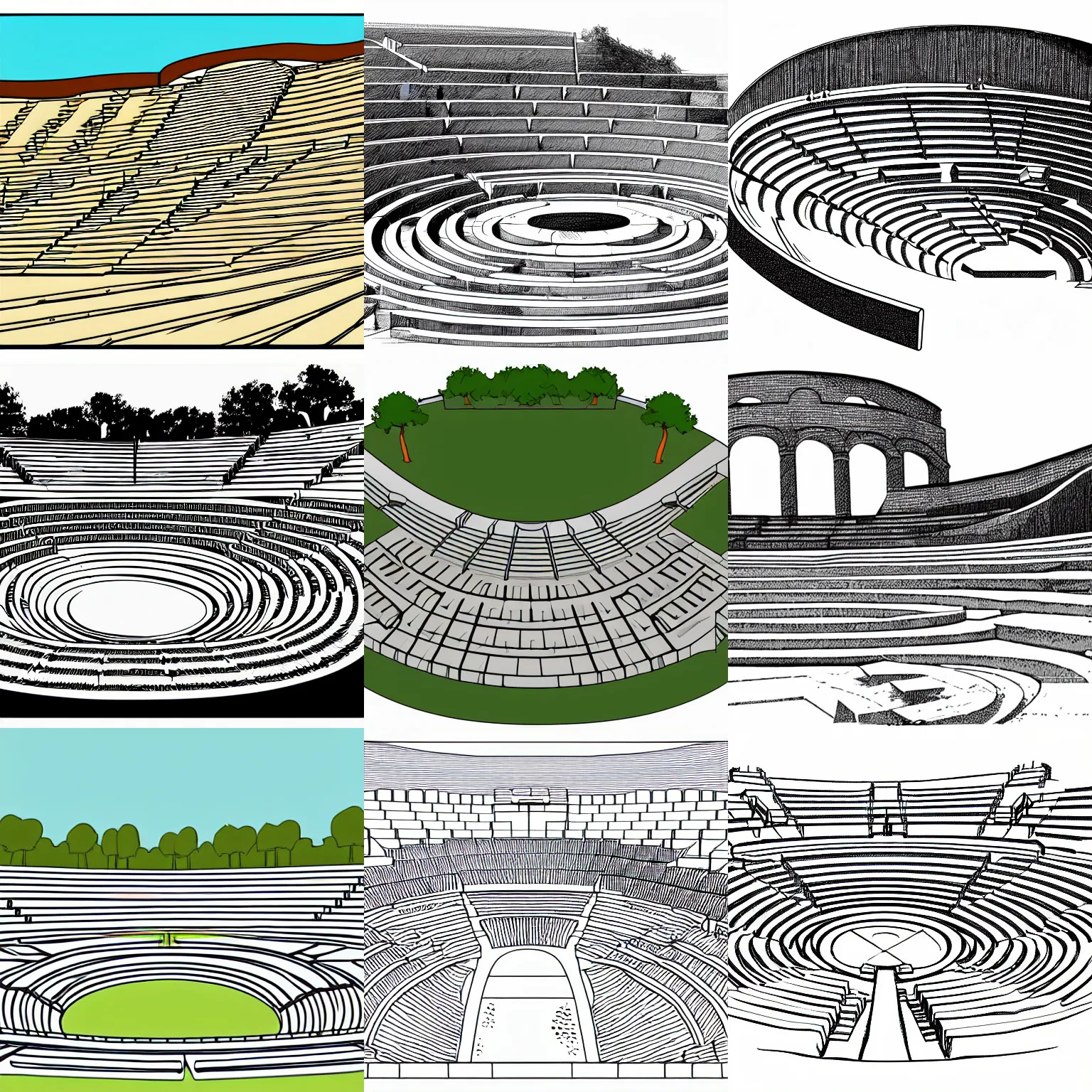 Prompt: a stephen biesty cross - section of ancient amphitheater, vector trace, wide shot, sketch - up, white background