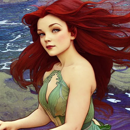 Image similar to Ariel in The Little Mermaid, highly detailed, digital painting, artstation, concept art, smooth, sharp focus, illustration, ArtStation, art by artgerm and greg rutkowski and alphonse mucha and J. C. Leyendecker and Edmund Blair Leighton and Katsuhiro Otomo and Geof Darrow and Phil hale and Ashley wood and Ilya repin and Charlie Bowater