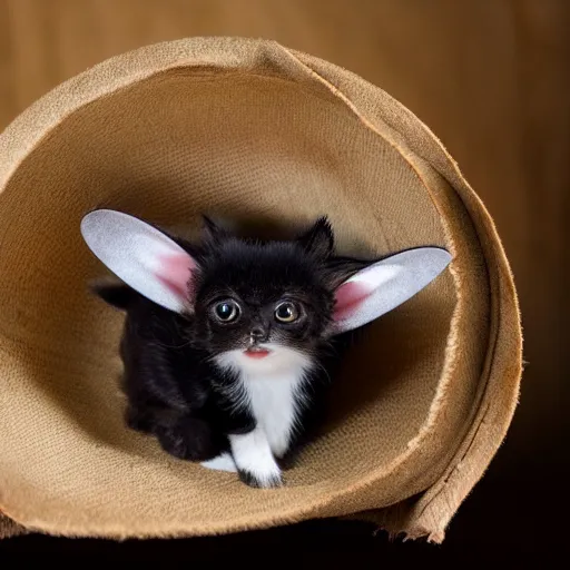 Prompt: a bat kitten wears a hut, photo taken by a nikon, 4k, very detailed, high quality