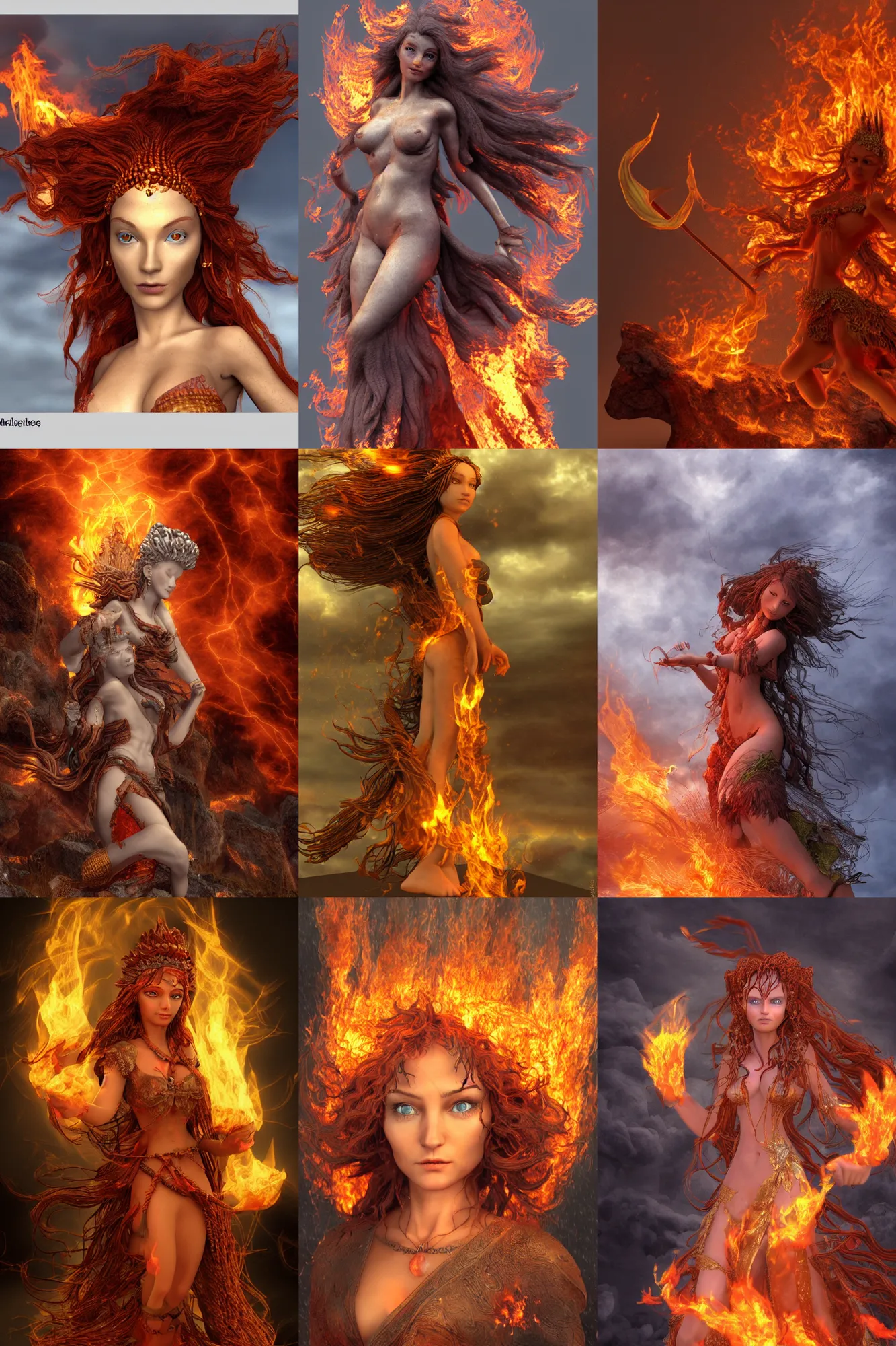 Prompt: a wlop 3 d render of very very very very highly detailed beautiful fire goddess with stormy background by anton pieck micro detail