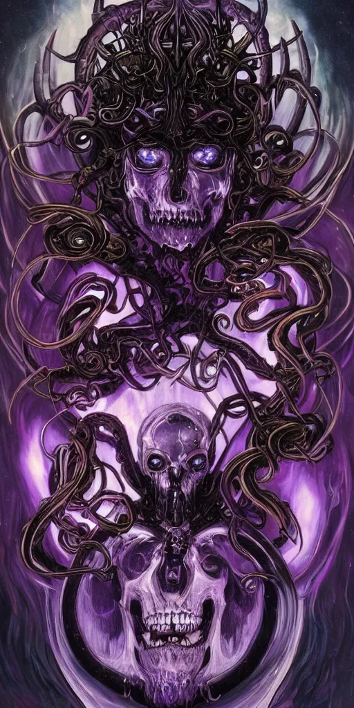 Image similar to intense glowing angry black metal pagan god with horns and tentacles and intense glowing eyes and a skull in very dark cosmic space by karol bak and artgerm and alphonse mucha, portrait, fantasy, clear, light beams, lens flare, intense, uhd, amazing depth, cinematic lighting, purple and violet and indigo and blue