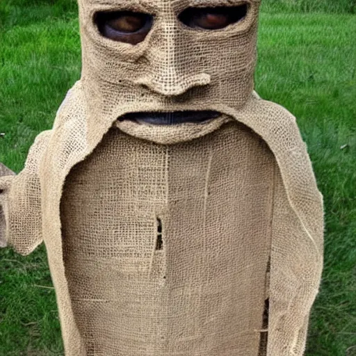 Prompt: creepy man made of burlap