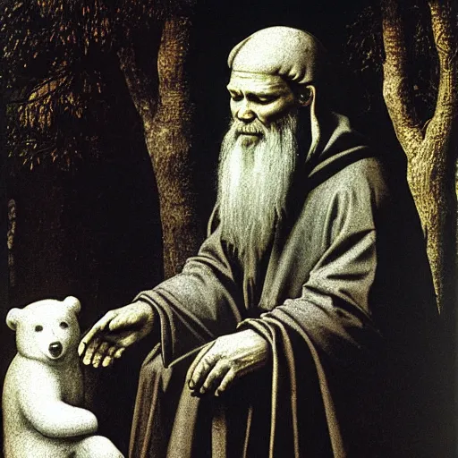 Prompt: St. Seraphim of Sarov talking to a bear in the woods by Leonardo Da Vinci