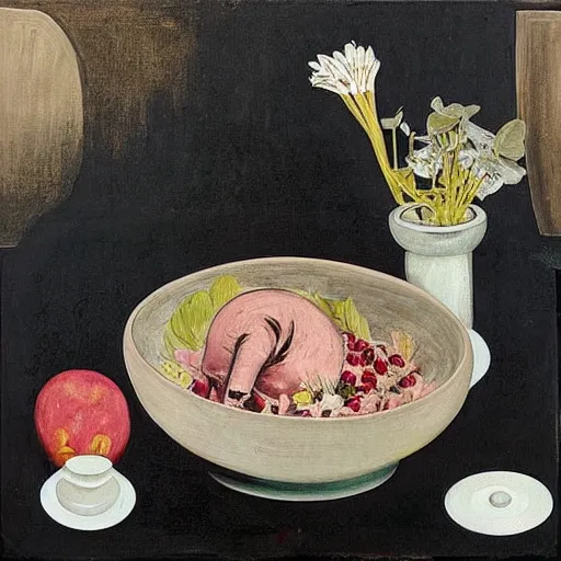 Image similar to “a portrait in an art student’s apartment, a feminine pig’s head in a large salad bowl, pomegranate, pork, ikebana white flowers, white wax, squashed berries, acrylic and spray paint and oilstick on canvas, by munch and Dali”