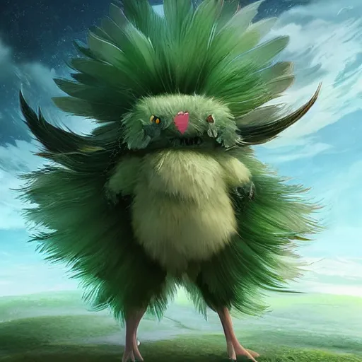 Image similar to a cute beautiful earth type pokemon, green feathers bursting out of his hair, full body shot, highly detailed digital art, 3 d perspective, award - winning illustration, aesthetic, smooth, pokemon style, made by greg rutkowski, with an alien landscape in the background