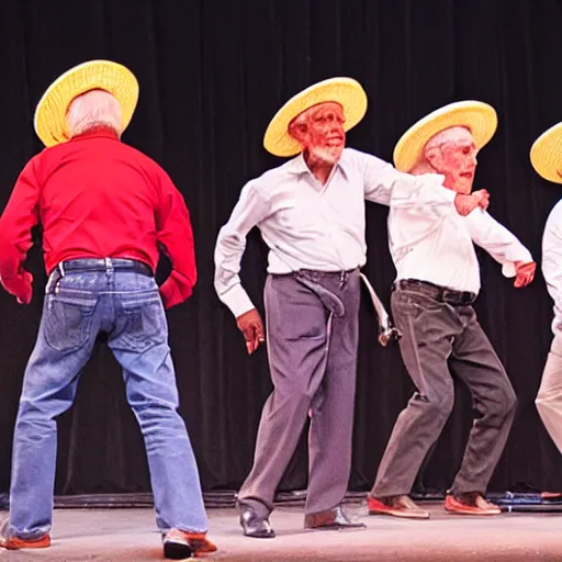 Prompt: 3 grandpas wearing mexican hats and twerking on a stage, photorealistic