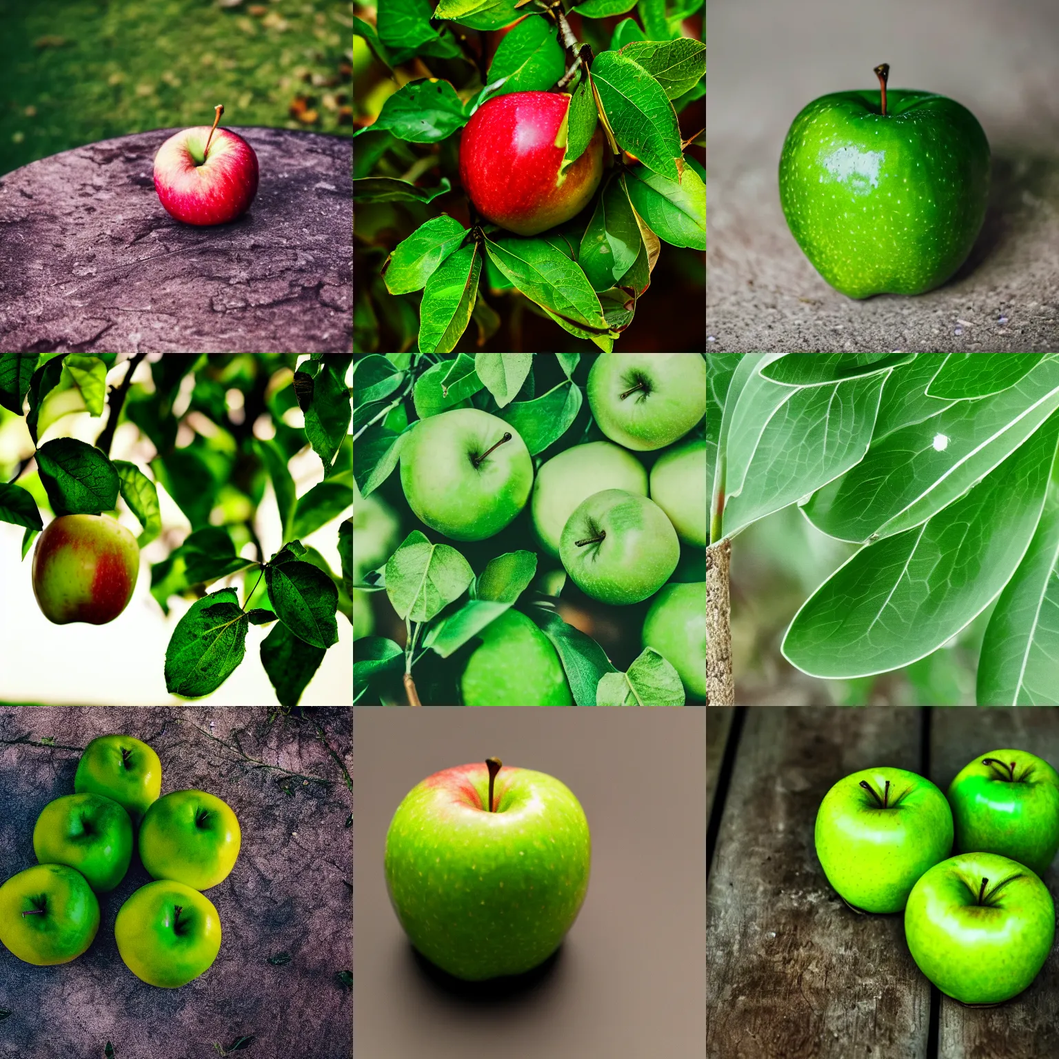 Prompt: still life apples green leaves macro photography 4 k