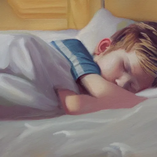 Prompt: an oil painting of a young boy with long blonde hair sleeping in bed with a checkered comforter