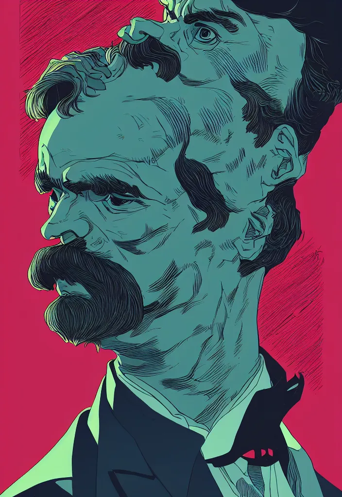 Prompt: Friedrich Nietzsche with a chiseled Jawline and serious Look, upper body portrait, in the Style of Tomer Hanuka and Victo Ngai and Atey Ghailan, rimlight, vibrant colors, hard shadows, Comic Cover Art, trending on artstation
