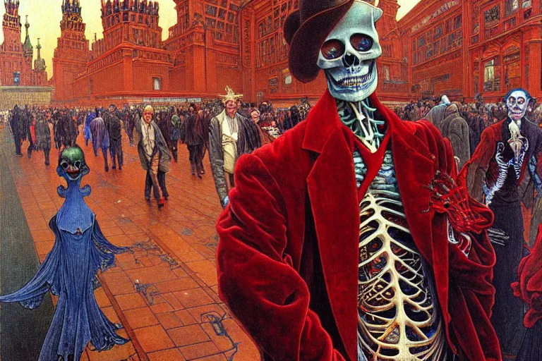 Image similar to realistic detailed closeup portrait painting of a single skeleton wearing red velvet blazer in a crowded futuristic moscow street by Jean Delville, Amano, Yves Tanguy, Alphonse Mucha, Ernst Haeckel, Edward Robert Hughes, Roger Dean, rich moody colours, blue eyes