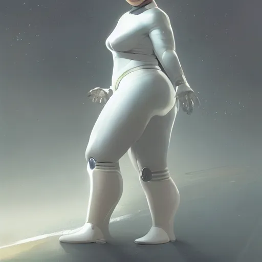 Prompt: portrait of a fat man standing, dressed in all white futuristic bodysuit with a bionic leg by Greg Rutkowski, trending on artstation