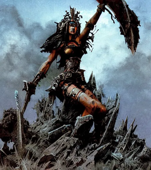 Image similar to mighty princess of the wasteland, scrap metal headdress, ominous ruins, strong line, deep color, cloudy sky, beautiful! coherent! by brom, by frank frazetta,