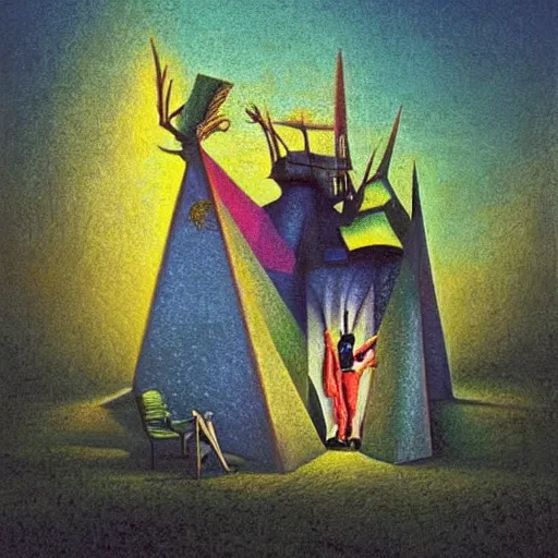 Image similar to colourful scene from a dream. digital artwork by vincent bons, michael whelan, remedios varo and gerardo dottori. grainy and rough. interesting pastel colour palette. beautiful light. oil and water colour based on high quality render.