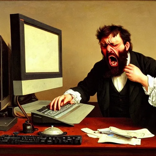 Image similar to an angry man yells at his computer monitor, oil on canvas, 1 8 8 3, highly detailed