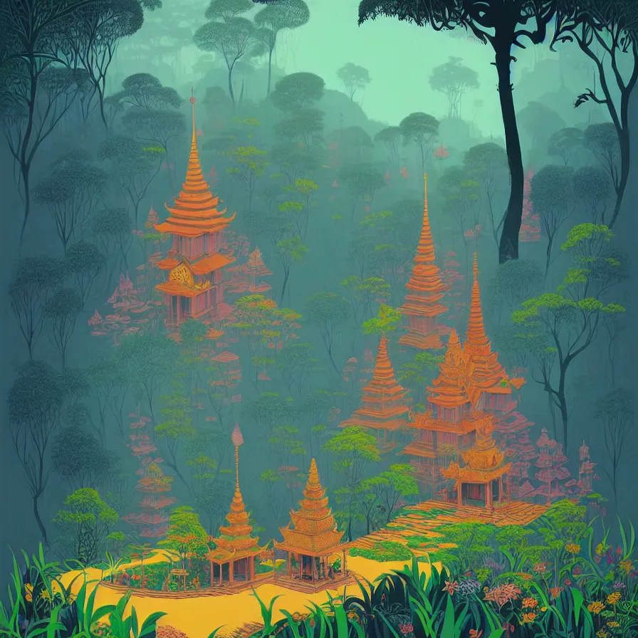 Image similar to ( ( ( gediminas pranckevicius ) ) ), wat bukit perak jungle temple, summer morning, very coherent and colorful high contrast art by james gilleard floralpunk screen printing woodblock, dark shadows, pastel color, hard lighting