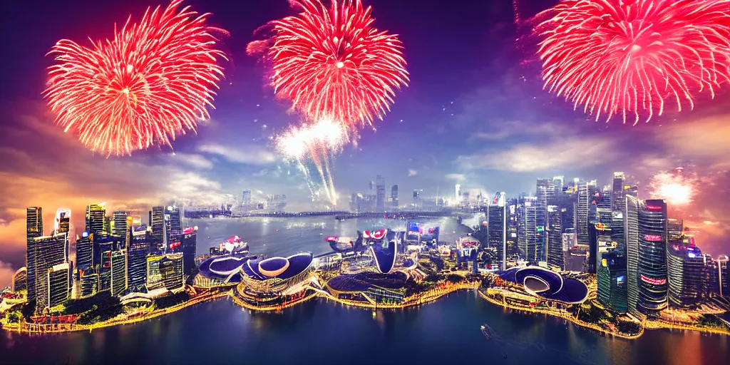 Image similar to Singapore city with a lion-shaped cloud in the sky and fireworks in the sky, by Studio Ghibli, red and white lighting, digital art, ultra realistic, ultra detailed, photorealistic, 4k, character concept