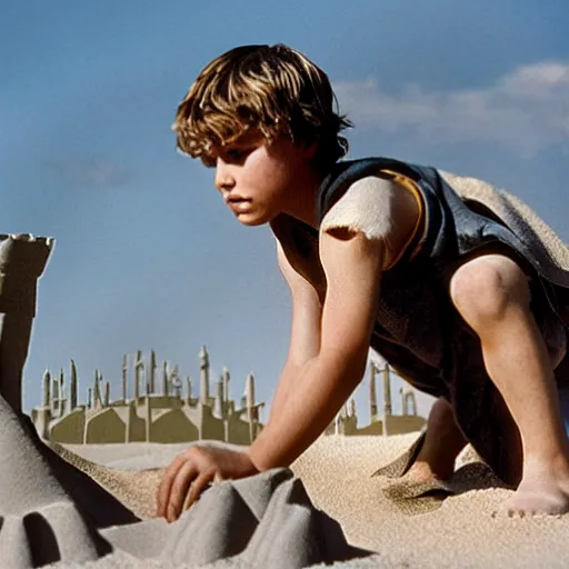 Prompt: Picture of Anakin Skywalker building a sand castle on Tatooine