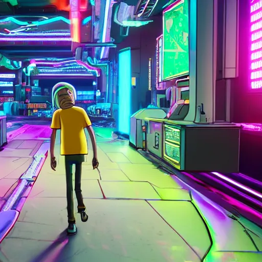 Prompt: Rick and Morty in cyberpunk 2077 unreal engine 5 8k hyperdetailed photorealism