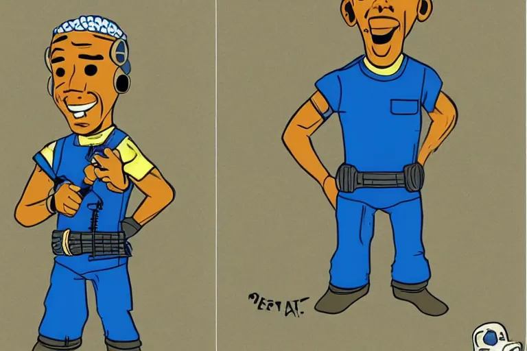 Prompt: obama as a vault boy from fallout, pipboy art, highly detailed