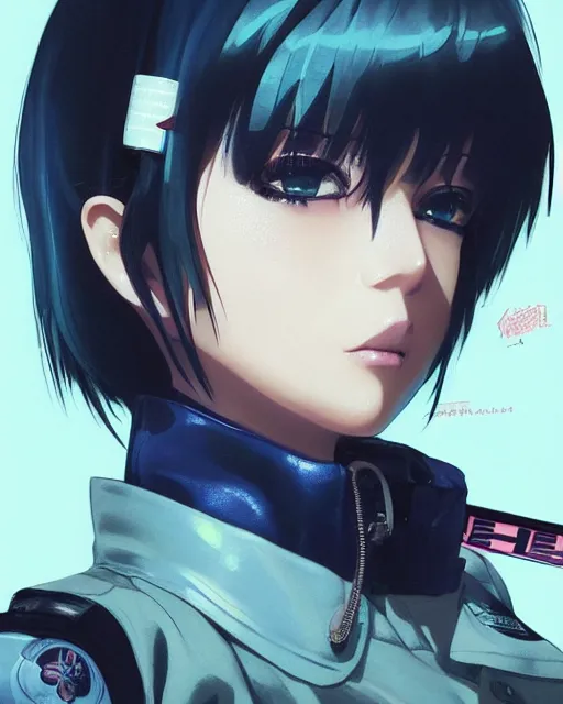 Image similar to police officer girl very very anime!!! fine face, audrey plaza, realistic shaded perfect face, fine details. anime. realistic shaded lighting cyberpunk futuristic neon tattoos styled hair reflective puffy sheen film jacket decorated poster by ilya kuvshinov katsuhiro otomo ghost in the shell magali villeneuve artgerm jeremy lipkin michael garmash rob rey