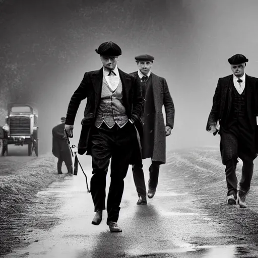 Prompt: a scene from peaky blinders, medium long shot, 3 / 4 shot, full body picture of cillian murphy and tom hardy running away from the police, sharp eyes, serious expressions, detailed and symmetric faces, black and white, epic photo by talented photographer ansel adams