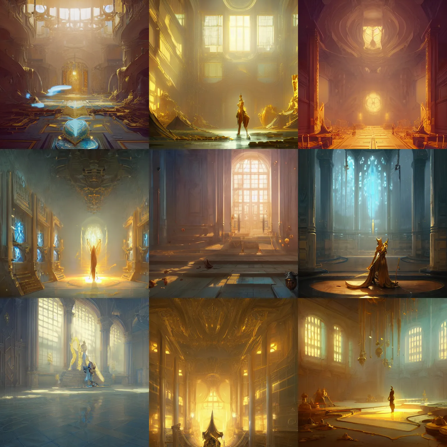 Prompt: golden halls of a bank, light blue curtains, gold treasure flooding the environment, light dust, by peter mohrbacher dan mumford craig mullins nekro, cgsociety, pixiv, volumetric light, 3 d render