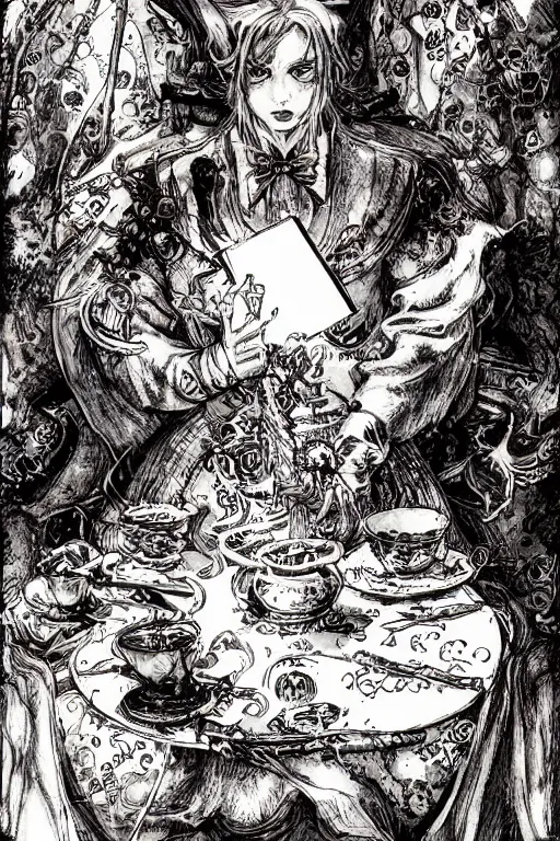 Image similar to Magical Alice in wonderland tarot card , pen and ink, intricate line drawings, by Yoshitaka Amano, Ruan Jia, Kentaro Miura, Artgerm, watercolor