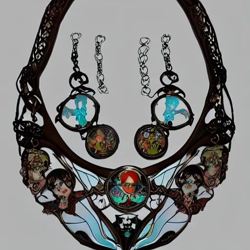Image similar to artnouveau American mcgee's alice creepy necklace made by René lalique or Alfons mucha