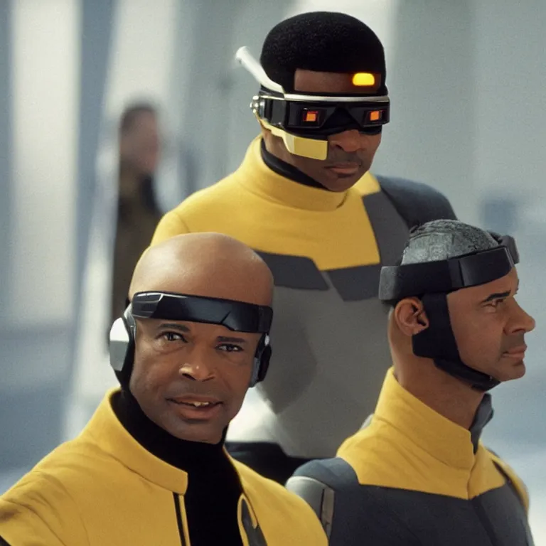 Prompt: geordi laforge wearing visor and high tech ear muffs on his head and kinda looks like lobot