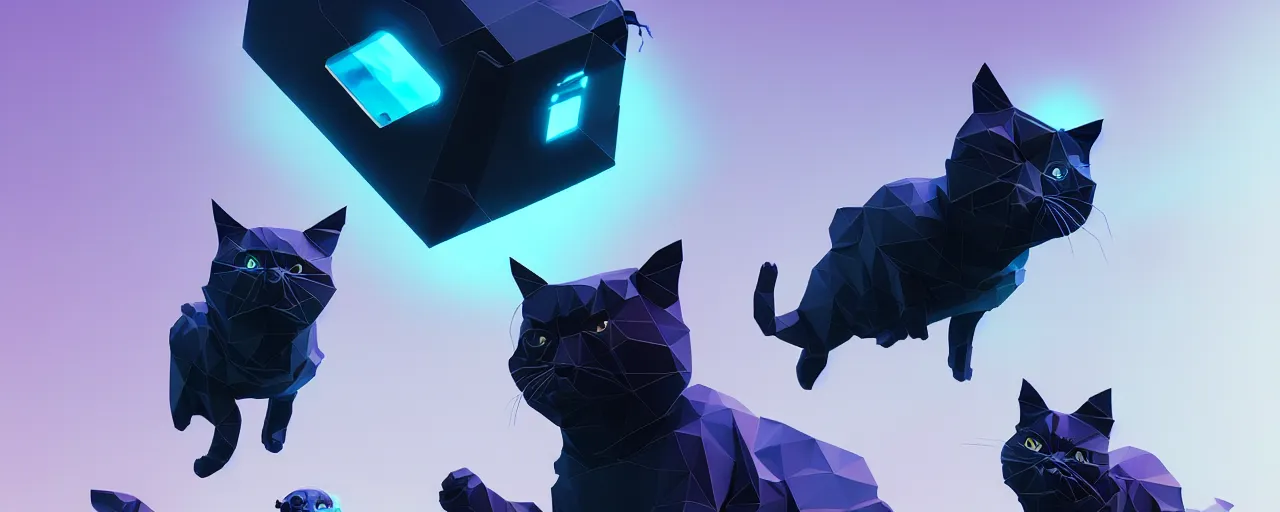 Prompt: duotone noir scifi concept illustration of lowpoly cats inside box floating zero gravity glowing 3 d mesh portals futuristic, glowing eyes, octane render, surreal atmosphere, volumetric lighting. accidental renaissance. by sachin teng and sergey kolesov and ruan jia and heng z. graffiti art, scifi, fantasy, hyper detailed. trending on artstation