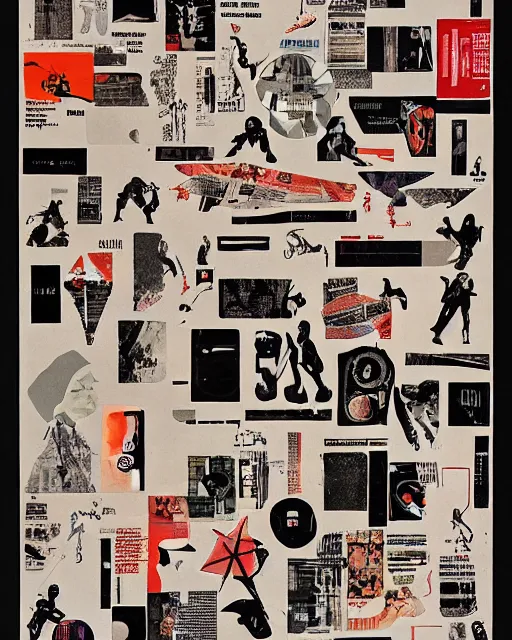 Prompt: A mid-century modern collage, made of random shapes cut from fashion and science magazines and text books, of The Empire Strikes Back film poster.
