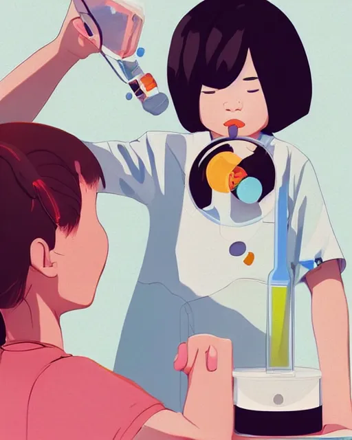 Image similar to a little girl is doing a science experiment. clean cel shaded vector art. minimalist illustration art by lois van baarle, artgerm, helen huang by makoto shinkai and ilya kuvshinov, rossdraws