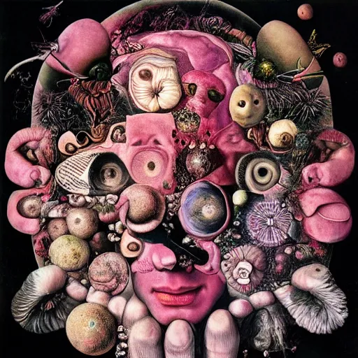 Image similar to album cover, new age, black, white, pink, psychedelic, space, giuseppe arcimboldo